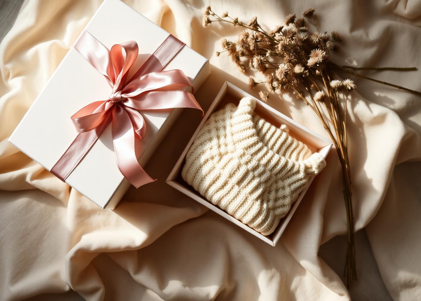 Caja de regalo con cinta rosa y prenda de bebé
